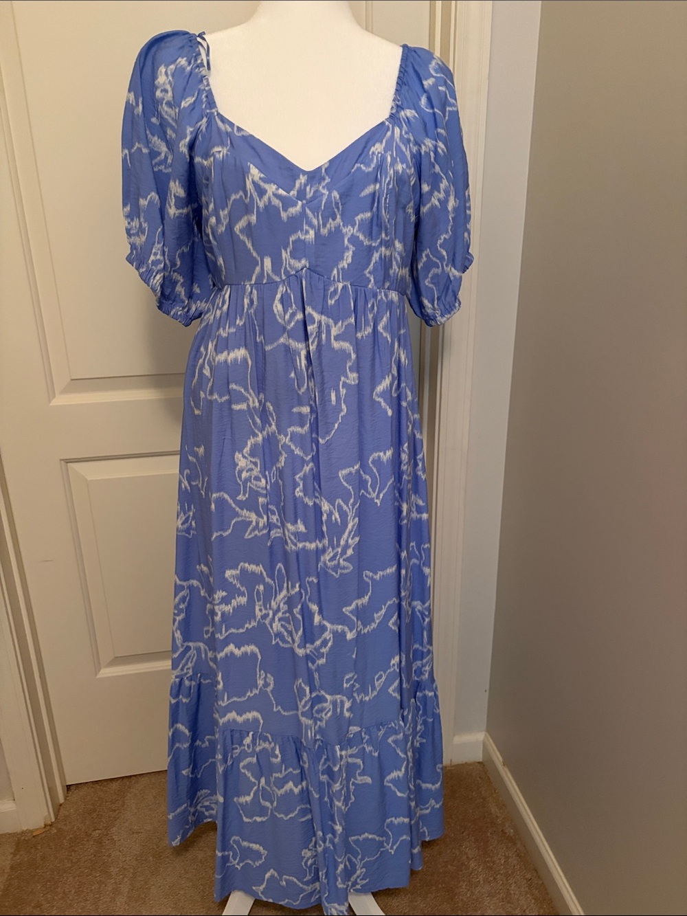 Nine West Blue Floral Puff-Sleeve Maxi Dress